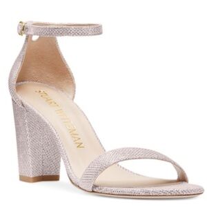 Stuart Weitzman Nudistcurve 75 block heels silver ankle strap sandals Sz 10.5 B